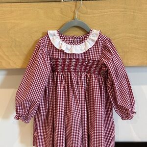Red Gingham Long Sleeve Smocked Dress